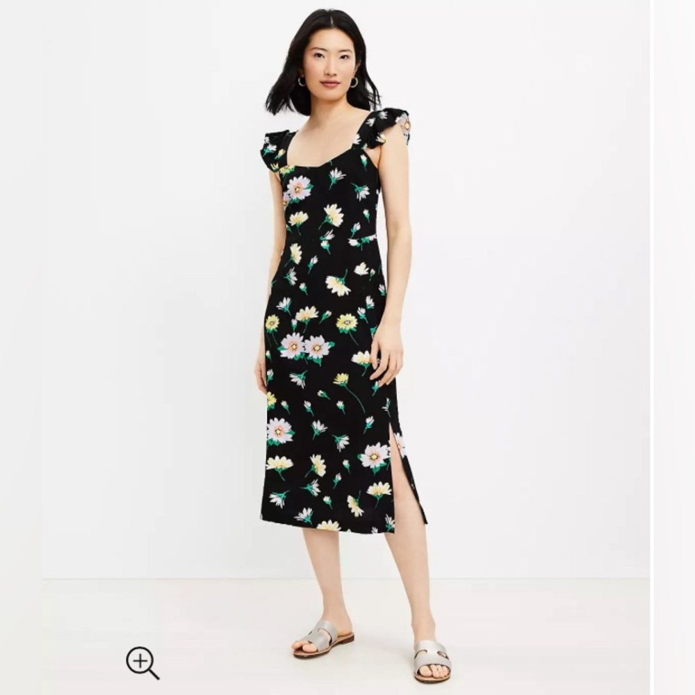 LOFT Black Floral Midi Dress with Pink and Yellow Flowers